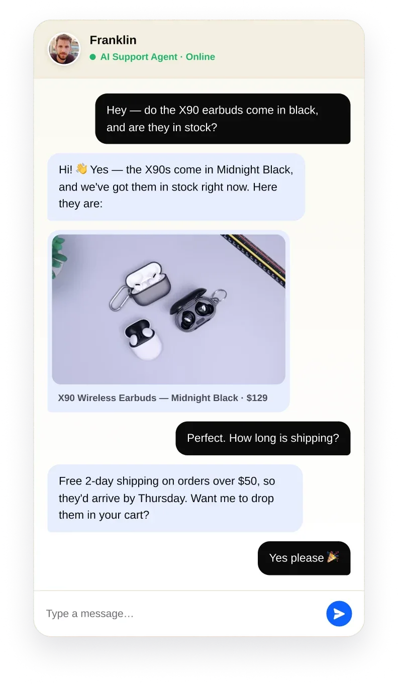 Img - Example chat between a customer and the AI Support Agent, including a product photo shown in the conversation