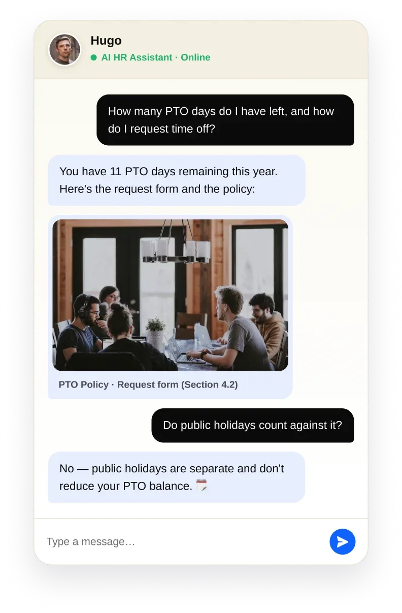 Img - Example chat with the AI HR Assistant, including an image shown in the conversation