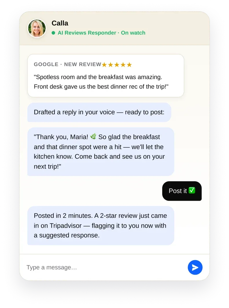 Img - Example of the AI Reviews agent drafting a reply to a guest review